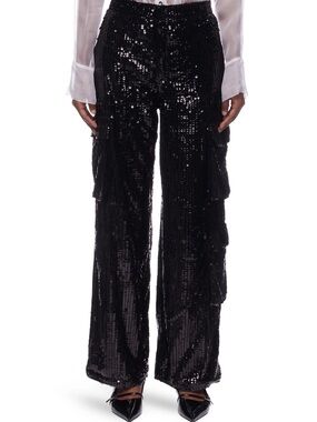 Moon River Black Sequin Cargo Wide-Leg Pants